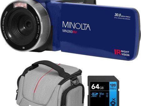 Minolta MN260NV 1080P FHD   30 MP Night Vision Camcorder, Blue + 64GB Bundle For Sale